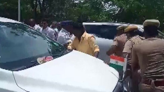 The slipper stuck at the windshield of the car of Tamil Nadu finance minister Palanivel Thiaga Rajan after it was hurled at the vehicle on Saturday. (ANI Photo)