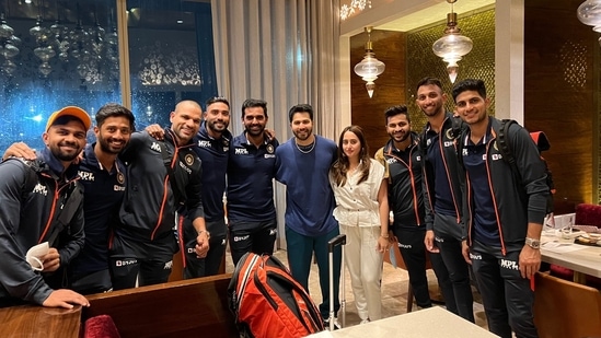 Varun Dhawan and Natasha Dalal with Team India.&nbsp;