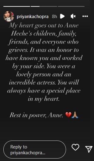 Priyanka Chopra send condolences to late actor Anne Heche.