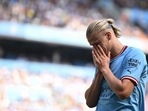 Erling Haaland reacts after missing to score during the Premier League match between Manchester City and Bournemouth at the Etihad Stadium.(AFP) Erling Haaland reacts after missing to score during the Premier League match between Manchester City and Bournemouth at the Etihad Stadium.(AFP)