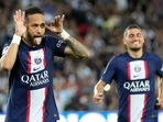 PSG's Neymar celebrates scoring his side's second goal during the Ligue 1 match between Paris Saint-Germain and Montpellier at the Parc des Princes in Paris, Saturday. PSG's Neymar celebrates scoring his side's second goal during the Ligue 1 match between Paris Saint-Germain and Montpellier at the Parc des Princes in Paris, Saturday.