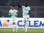 Romelu Lukaku, right, celebrates his goal during the Serie A match between Lecce and Inter Milan at the Via del Mare Stadium. Romelu Lukaku, right, celebrates his goal during the Serie A match between Lecce and Inter Milan at the Via del Mare Stadium.