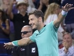 Pablo Carreno Busta, of Spain, celebrates after his victory over Daniel Evans, of Britain, during the National Bank Open tennis tournament in Montreal