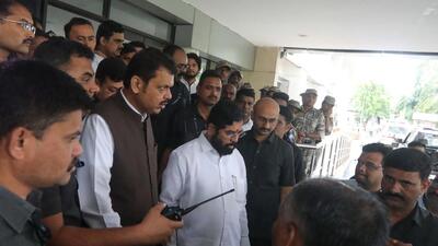Eknath Shinde and his deputy Devendra Fadnavis in Navi Mumbai. (HT PHOTO)