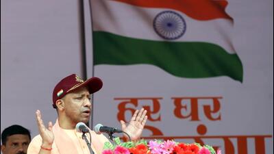 Uttar Pradesh chief minister Yogi Adityanath at an event on the eve of Independence Day in Lucknow. (HT PHOTO) Uttar Pradesh chief minister Yogi Adityanath at an event on the eve of Independence Day in Lucknow. (HT PHOTO)