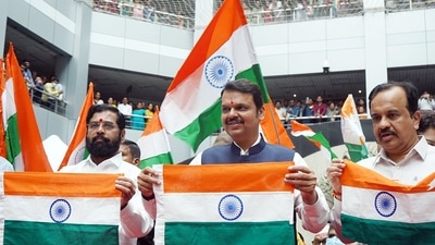 Maharashtra Chief Minister Eknath Shinde with Deputy CM Devendra Fadnavis at Mantralaya during the celebrations of Rakshabandhan and the 75th year of Independence in Mumbai on Thursday. (ANI Photo) Maharashtra Chief Minister Eknath Shinde with Deputy CM Devendra Fadnavis at Mantralaya during the celebrations of Rakshabandhan and the 75th year of Independence in Mumbai on Thursday. (ANI Photo)