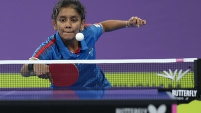 India's Sreeja Akula competes during the women's bronze medal table tennis match at CWG 2022 (AP) India's Sreeja Akula competes during the women's bronze medal table tennis match at CWG 2022 (AP)