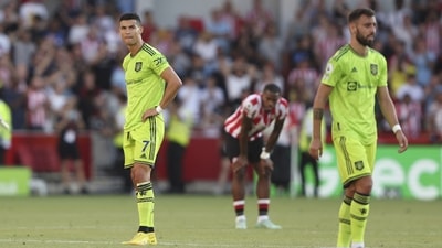 Cristiano Ronaldo looks round after the end of the English Premier League game against Brentford (AP) Cristiano Ronaldo looks round after the end of the English Premier League game against Brentford (AP)