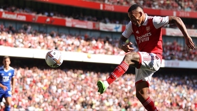 Gabriel Jesus has an unsuccessful shot during the Premier League match between Arsenal and Leicester City. (AFP) Gabriel Jesus has an unsuccessful shot during the Premier League match between Arsenal and Leicester City. (AFP)