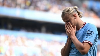 Erling Haaland reacts after missing to score during the Premier League match between Manchester City and Bournemouth at the Etihad Stadium. (AFP)
