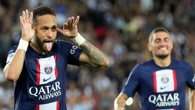 PSG's Neymar celebrates scoring his side's second goal during the Ligue 1 match between Paris Saint-Germain and Montpellier at the Parc des Princes in Paris, Saturday. (AP) PSG's Neymar celebrates scoring his side's second goal during the Ligue 1 match between Paris Saint-Germain and Montpellier at the Parc des Princes in Paris, Saturday. (AP)