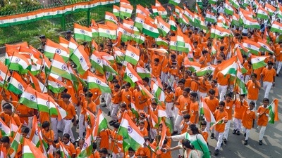 School children participate in a 'Har Ghar Tiranga' campaign, organised under the aegis of Azadi Ka Amrit Mahotsav, in New Delhi. (PTI) School children participate in a 'Har Ghar Tiranga' campaign, organised under the aegis of Azadi Ka Amrit Mahotsav, in New Delhi. (PTI)
