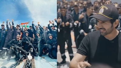 Kartik Aaryan meets Indian Naval officers ahead of 75th Independence day. Kartik Aaryan meets Indian Naval officers ahead of 75th Independence day.