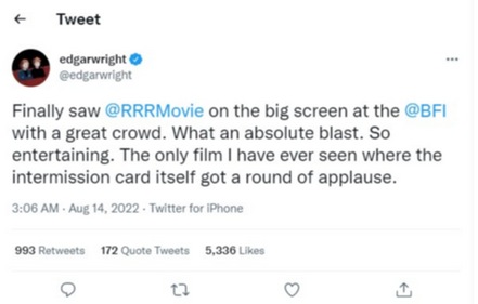 Edgar Wright praises RRR on Twitter. Edgar Wright praises RRR on Twitter.