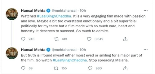 Hansal Mehta tweeted about Laal Singh Chaddha. Hansal Mehta tweeted about Laal Singh Chaddha. 