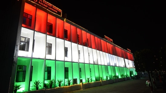 A view of Divisional Railway Manager Office illuminated with tricolours on the eve of Independence Day celebration in Lucknow, Uttar Pradesh.(Hindustan Times/Deepak Gupta)