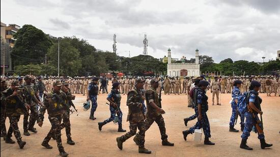 Tension erupted in the state capital after a right-wing leader teared down a poster of Tipu Sultan, in what appears to be a retaliation to a similar incident in Shivamogga in which Hindutva idealogue Vinayak Damodar Savarkar’s picture was brought down by some miscreants on Saturday. (PTI)