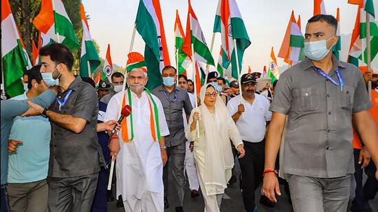 Manoj Sinha leading the march. (PTI)