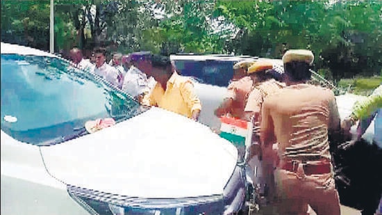 In Madurai, while finance minister Palanivel Thiaga Rajan was returning after paying homage to Rifleman D Lakshmanan who was killed in Jammu and Kashmir, a sandal landed on his car’s bonnet from a crowd of BJP workers and supporters (ANI) In Madurai, while finance minister Palanivel Thiaga Rajan was returning after paying homage to Rifleman D Lakshmanan who was killed in Jammu and Kashmir, a sandal landed on his car’s bonnet from a crowd of BJP workers and supporters (ANI)