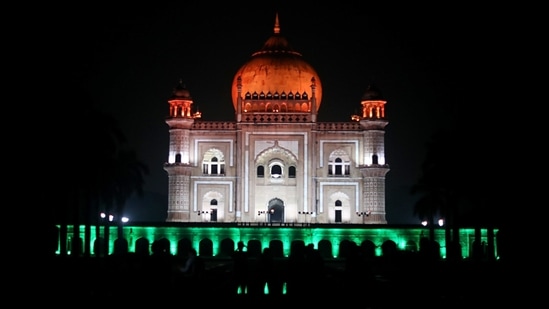 Safdarjung Tomb in New Delhi illuminated with tricolour lights.(ANI)