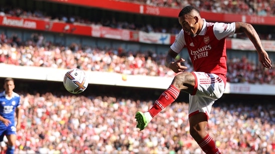 Gabriel Jesus has an unsuccessful shot during the Premier League match between Arsenal and Leicester City.(AFP)