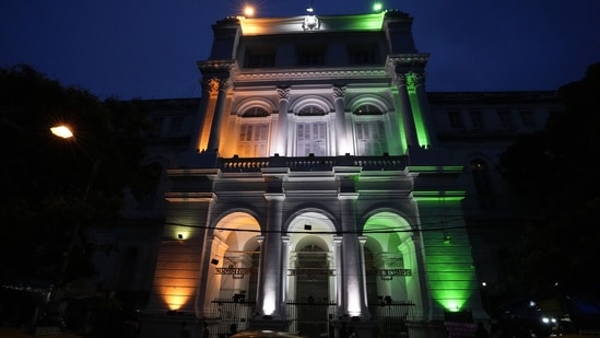 Indian Museum heritage building is illuminated with colors of the Indian flag ahead of Independence Day celebrations in Kolkata.(AP)