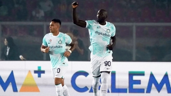 Romelu Lukaku, right, celebrates his goal during the Serie A match between Lecce and Inter Milan at the Via del Mare Stadium.(AP)