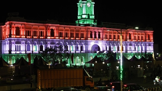 Ripon building illuminated with tri-coloured lights in Chennai, Tamil Nadu.(PTI)