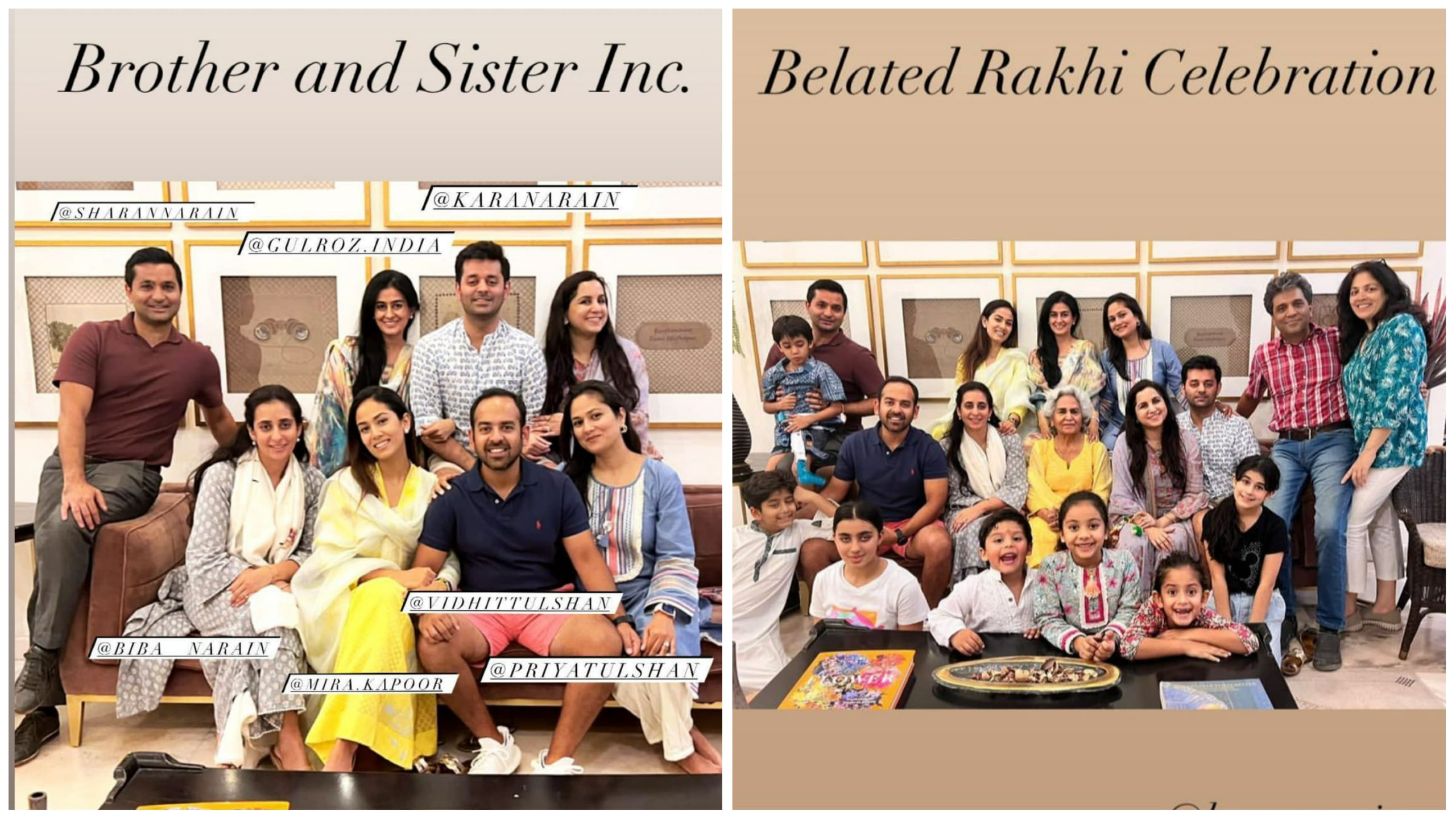 Mira Rajput with her cousins (left) and with her extended family (right) on Raksha Bandhan.&nbsp;