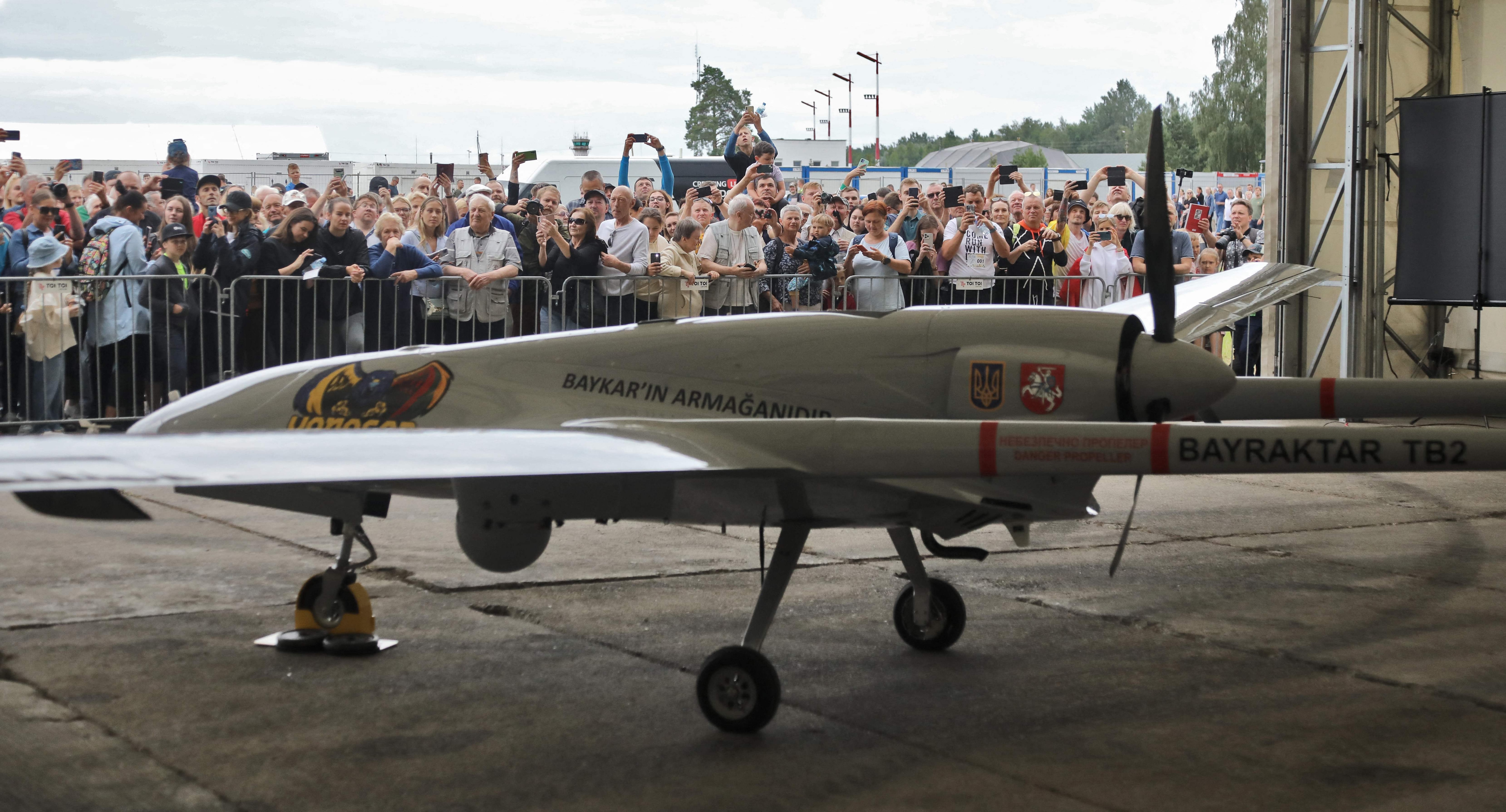 A Turkish Bayraktar TB2 combat drone is on view during a presentation at the Lithuanian Air Force Base in Siauliai, Lithuania. (AFP file photo) A Turkish Bayraktar TB2 combat drone is on view during a presentation at the Lithuanian Air Force Base in Siauliai, Lithuania. (AFP file photo)