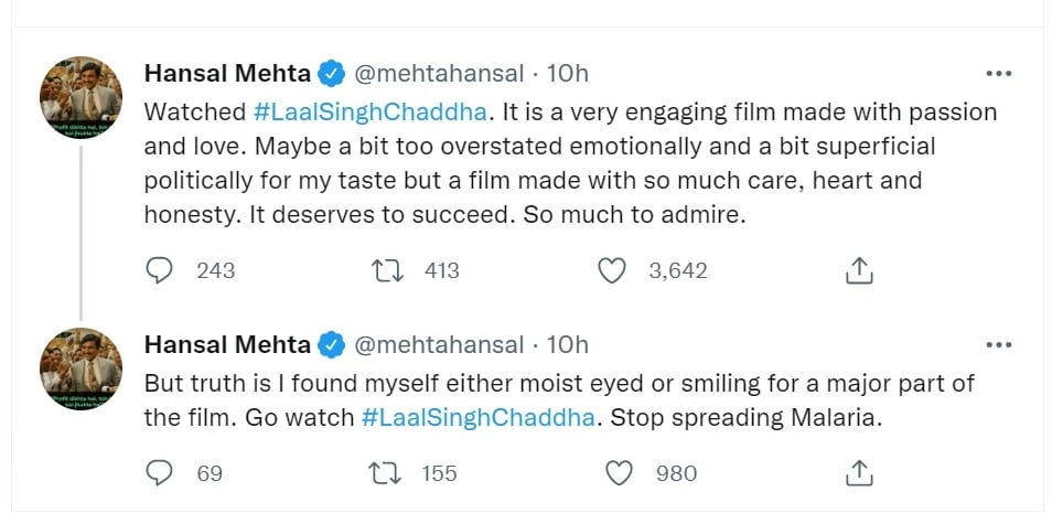 Hansal Mehta tweeted about Laal Singh Chaddha. 