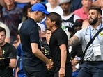 Thomas Tuchel and Antonio Conte shake hands then clash after the English Premier League football match between Chelsea and Tottenham Hotspur at Stamford Bridge in London.(AFP) Thomas Tuchel and Antonio Conte shake hands then clash after the English Premier League football match between Chelsea and Tottenham Hotspur at Stamford Bridge in London.(AFP)