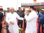 Bihar deputy chief minister Tejashwi Yadav greets CM Nitish Kumar. Bihar deputy chief minister Tejashwi Yadav greets CM Nitish Kumar.