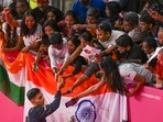 Lakshya Sen greets fans after the presentation ceremony of the men's singles badminton event at the Commonwealth Games 2022 in Birmingham(PTI) Lakshya Sen greets fans after the presentation ceremony of the men's singles badminton event at the Commonwealth Games 2022 in Birmingham(PTI)