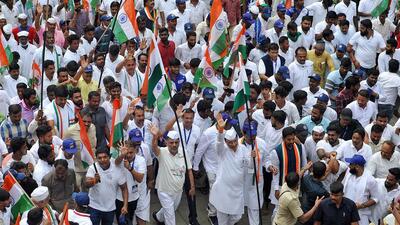 Karnataka Congress chief DK Shivakumar, Congress leader Randeep Singh Surjewala and supporters take part in ' Freedom March' on the occasion of Independence Day, in Bengaluru on Monday. (Agencies) Karnataka Congress chief DK Shivakumar, Congress leader Randeep Singh Surjewala and supporters take part in ' Freedom March' on the occasion of Independence Day, in Bengaluru on Monday. (Agencies)