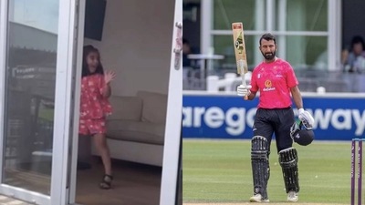 Cheteshwar Pujara's daughter reacts to father's incredible knock of 174 runs for Sussex Cheteshwar Pujara's daughter reacts to father's incredible knock of 174 runs for Sussex