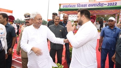 Bihar deputy chief minister Tejashwi Yadav greets CM Nitish Kumar. Bihar deputy chief minister Tejashwi Yadav greets CM Nitish Kumar.