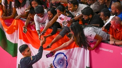 Lakshya Sen greets fans after the presentation ceremony of the men's singles badminton event at the Commonwealth Games 2022 in Birmingham (PTI) Lakshya Sen greets fans after the presentation ceremony of the men's singles badminton event at the Commonwealth Games 2022 in Birmingham (PTI)