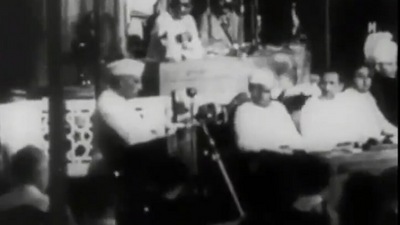 India's first prime minister Jawaharlal Nehru delivering his famous ‘Tryst with Destiny’ speech.&nbsp;