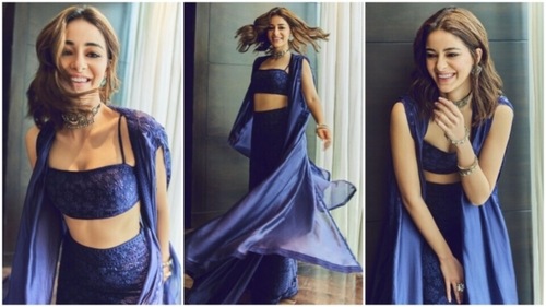 Ananya Panday slips into a dark-blue crop top, palazzo and cape jacket for Liger promotions. (Instagram) Ananya Panday slips into a dark-blue crop top, palazzo and cape jacket for Liger promotions. (Instagram)