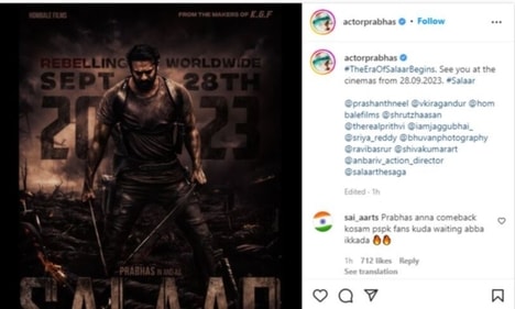 Prabhas can be seen standing with two swords in his hands.