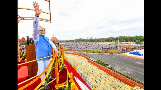 Prime Minister Narendra Modi after addressing the nation on the occasion of the 76th Independence Day from the ramparts of the Red Fort.  (PTI)