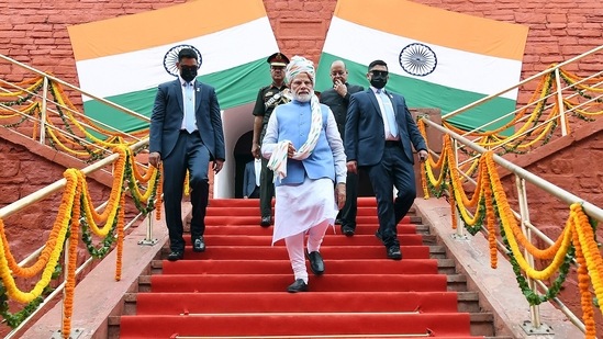 Prime Minister Narendra Modi after addressing the Nation on the occasion of 76th Independence Day from the ramparts of Red Fort, in New Delhi.(ANI)