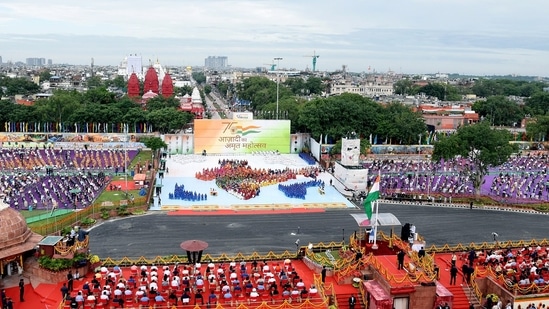 A panoramic view in front of Red Fort, on the occasion of 76th Independence Day from the ramparts of Red Fort, in New Delhi on Monday.&nbsp;