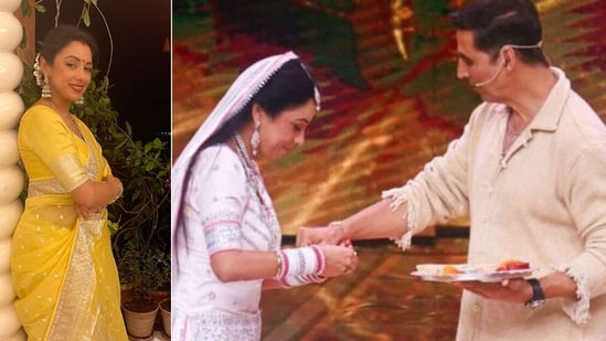 Rupali Ganguly receives a gift from Akshay Kumar.