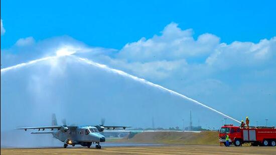 Water jets welcome the first Dornier 228 maritime surveillance aircraft of the Sri Lankan Air Force base in Katunayake just north of the capital Colombo. (Sri Lanka President’s office/Afp) Water jets welcome the first Dornier 228 maritime surveillance aircraft of the Sri Lankan Air Force base in Katunayake just north of the capital Colombo. (Sri Lanka President’s office/Afp)