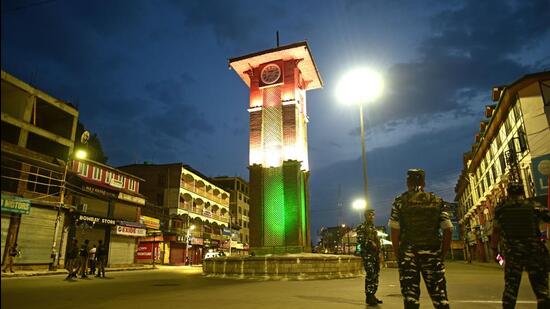 The Clock Tower at Lal Chowk illuminated on the eve of 75th Independence Day in Srinagar on Sunday. (Waseem Andrabi / Hindustan Times)