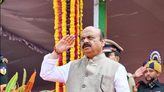 Chief minister Basavaraj Bommai pays salute to the National Flag after hoisting it on the occasion of the Independence Day function, in Bengaluru. (PTI)