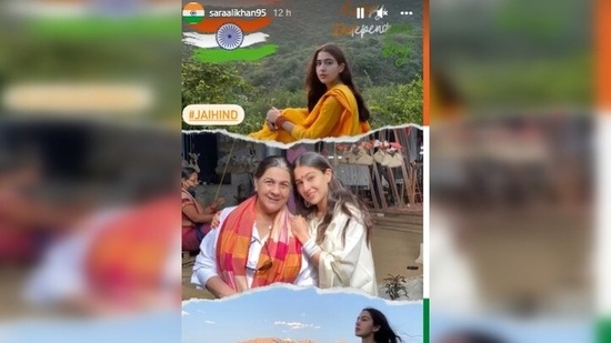 Sara Ali Khan took to her Instagram stories to share a series of pictures from her travel diaries and one with her mother and wrote, "Jai Hind."(Instagram/@saraalikhan95)