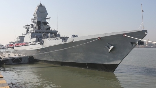 INS Chennai arrived in Muscat, Oman to take part in Amrit Mahotsav.(Twitter/ @Indemb_Muscat)